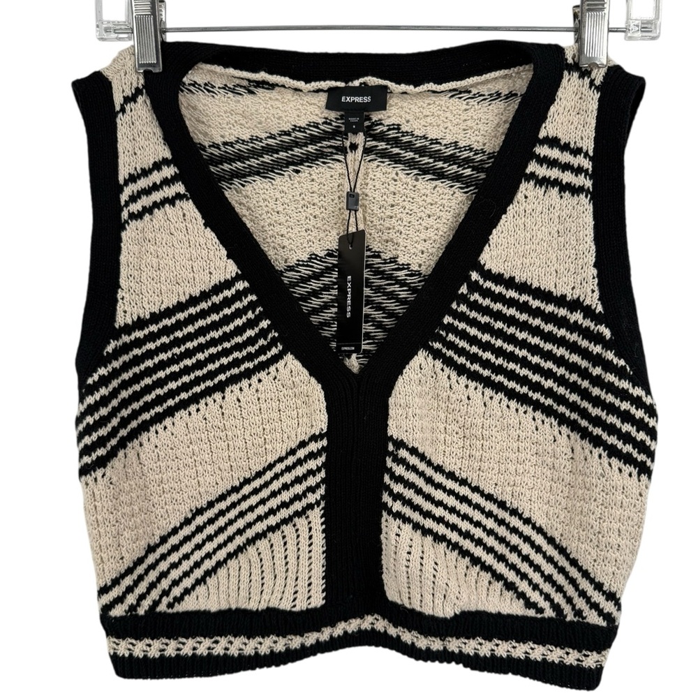 Express NWT Cotton Linen Knit Vest Black Cream Cropped Striped Sweater Tank